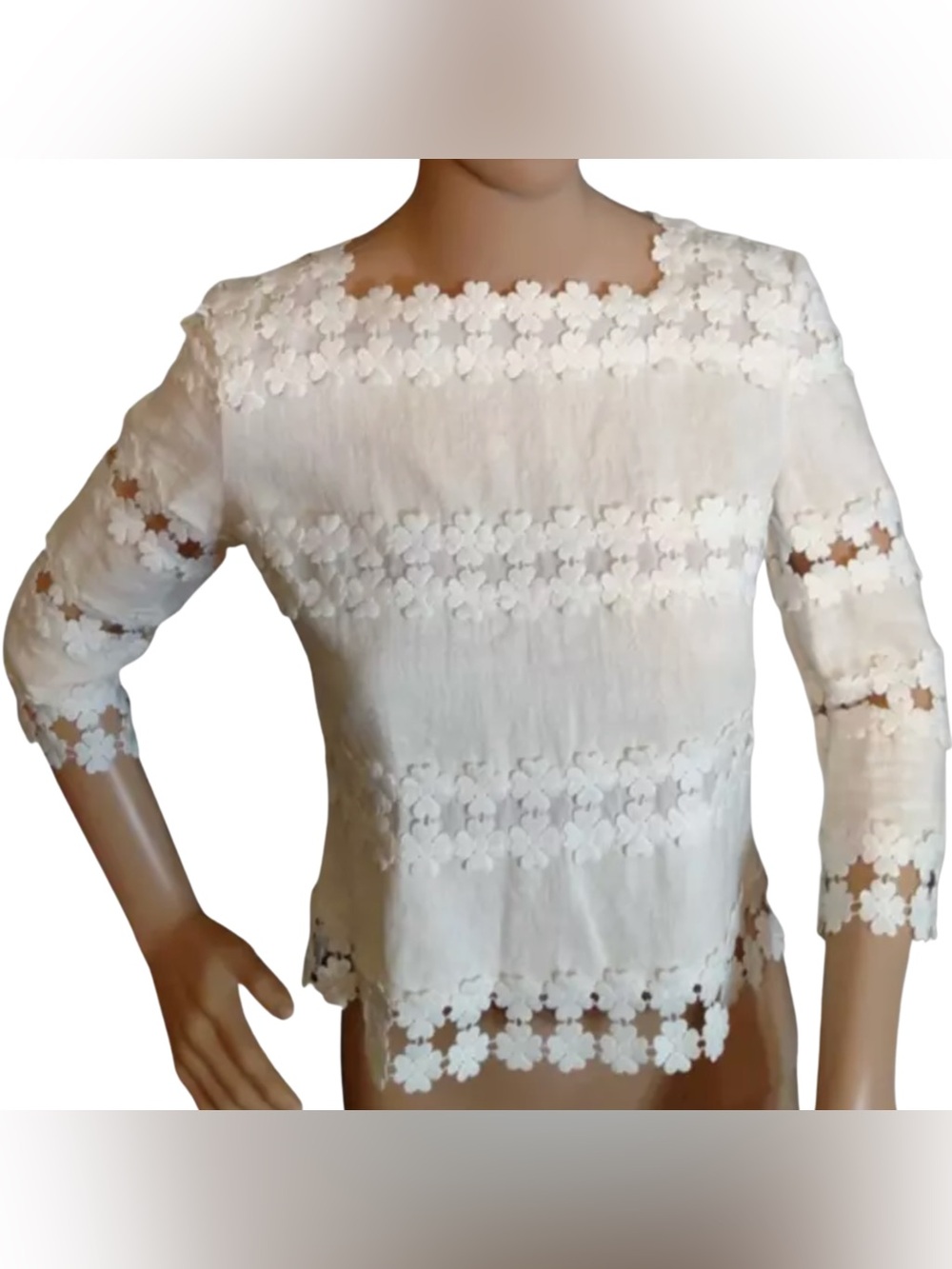 Oscar de la Renta White Floral Lace Trim Top